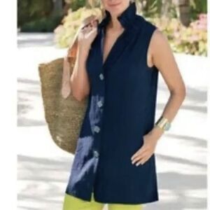 NWOT Soft Surroundings‎ Button Front Navy Blue Crinkle Tunic Top Shirt Sz SMALL